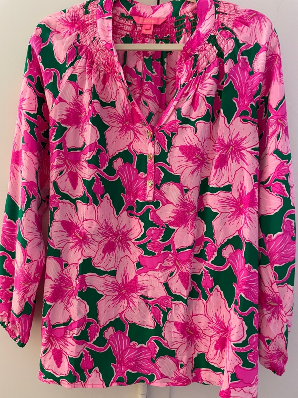 Lilly Pulitzer Elsa Silk Pink Floral V-Neck Blouse Small EUC
